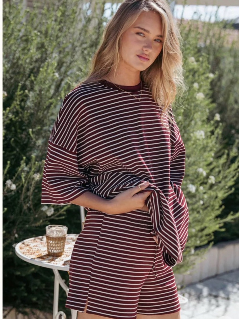 Princess Polly Burgundy and White Striped Short Sleeve Tee